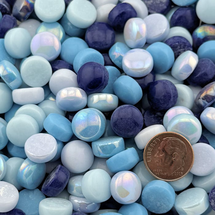 Glacial Freeze Polka Dot Mix recycled glass mosaic tile blend featuring icy blue, white, periwinkle, and cool-toned round glass dots.