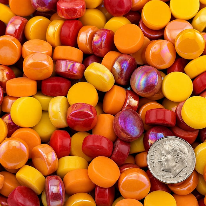 Here Comes the Sun Polka Dot Mix recycled glass mosaic tile blend featuring yellow, orange, red, and warm-toned round glass dots.