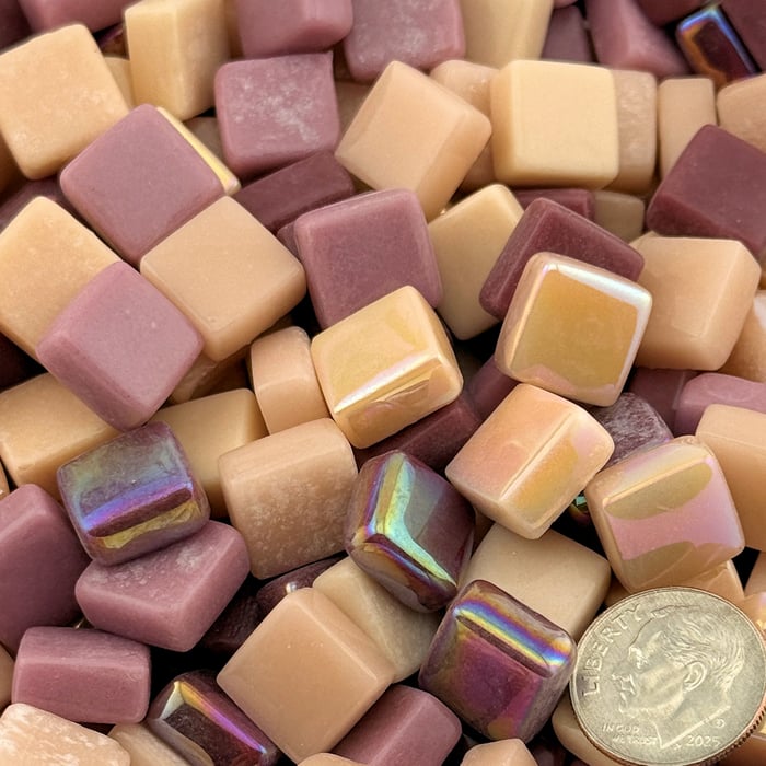 Heirloom Rose Mix recycled glass mosaic tiles in glossy and iridized rose tones