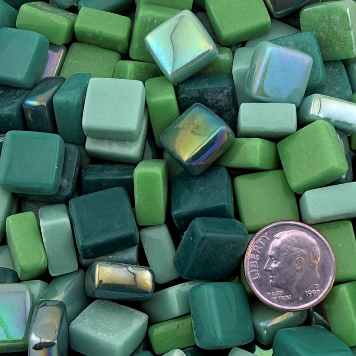 Lush Lagoon Mix recycled glass mosaic tiles in glossy and iridized aqua and teal tones
