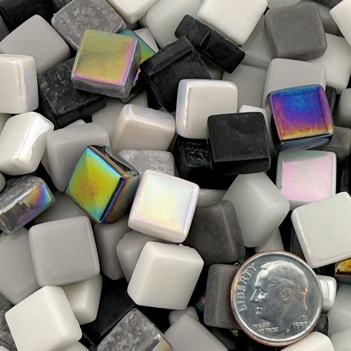 Obsidian Storm Mix recycled glass mosaic tiles in glossy and iridized dark storm tones