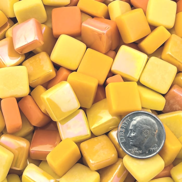 Solar Flare Mix recycled glass mosaic tiles in glossy and iridized fiery warm tones