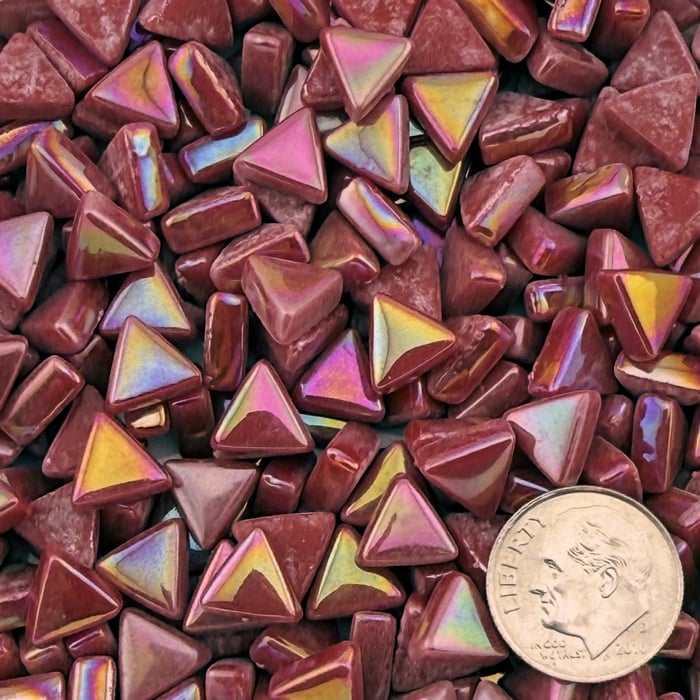 Sweetie Deep Red Iridized triangle tiles, 10mm recycled glass mosaic 