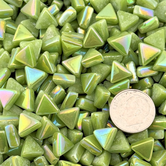 •	Sweetie Coral Iridized triangle tiles, 10mm recycled glass mosaic 